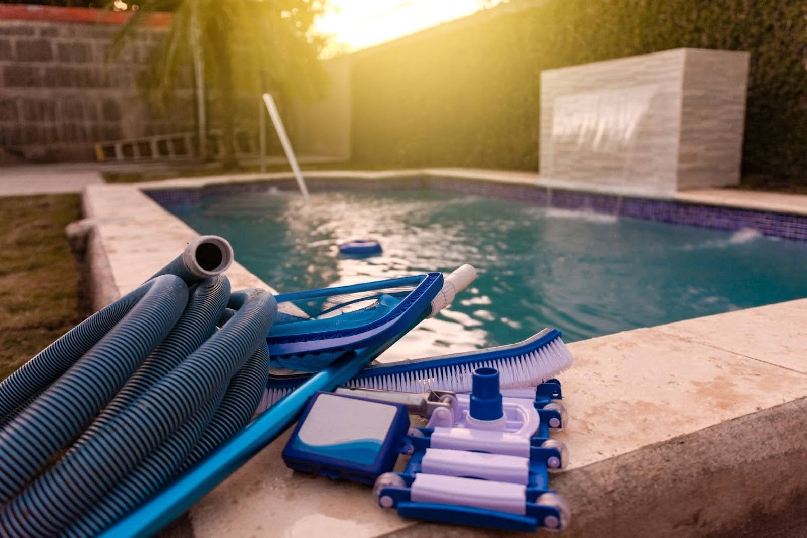 fall swimming pool maintenance supplies near a pool